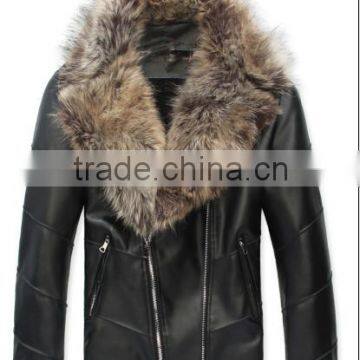 black warm pu leather jacket with faux fur made in china for men