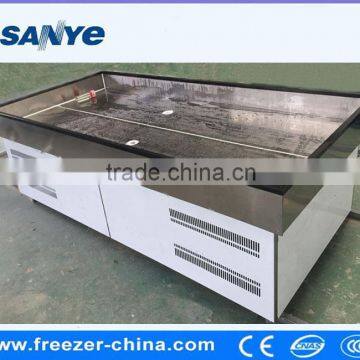 Supermarket seafood and frozen food open display freezer