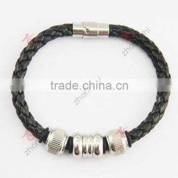 Stainless Steel Magnet Clasp With Green Leather Braided Cuff Bangle photo-2
