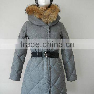 Women Duck Down Feather Puffer Quilted Raccoon Fur Trim Coat