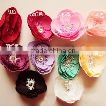 fashion camellia rose flowers, rhinestone centers fabric flower