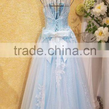 Free Shipping Real Sample Light Blue Beading Evening Dresses 2016 Crystal Flower Applique Open Back Bow Sash Party Gown ML183 photo-3