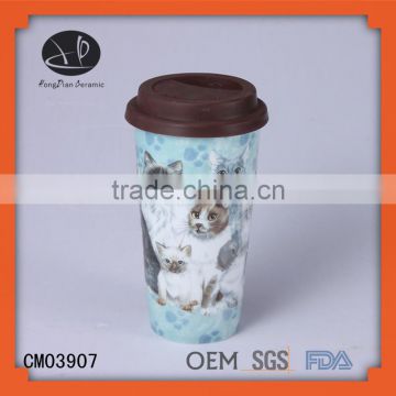 drinking ware Logo Customized Double Walled Ceramic Mug Cup with Silicone Lid