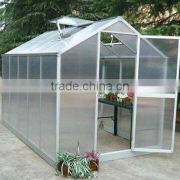 aluminum greenhouse with one lockable door and four roof windows