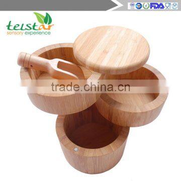Bamboo 3-Tiered Seasoning Spice Salt Storage Box With Removable Rotating Magnetic Lid photo-5