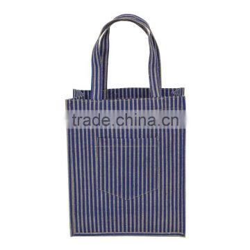 Hot one color allover strip print male hifashionable tote bag with pocket - pp laminated jute fabric