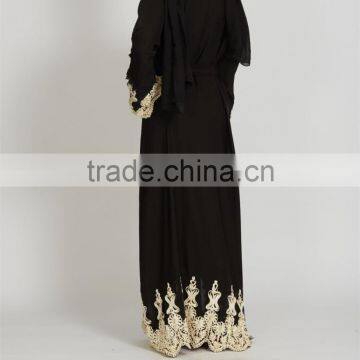 Dubai Clothing OEM Beautiful Lace Detailing Pop up Buttons Cream Lace Open Jacket Abaya photo-3