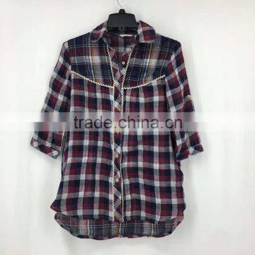 Women garment stock lot high quality cotton plaid shirt