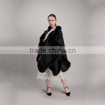 Myfur Fashion Style Women Black Color Cashmere Poncho With Fox Fur Trim Cape/Shawl photo-2