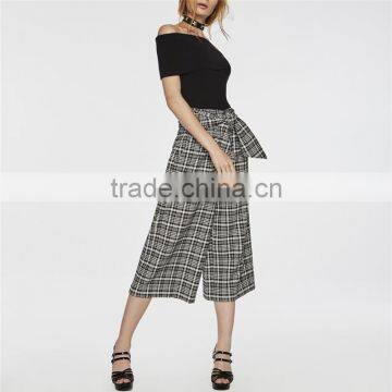 Black and White Patterned Bow Embellished Tartan Culotte Pants Slacks photo-2