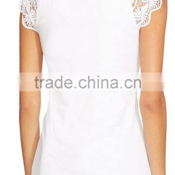 Stylish Lace Sleeves Cotton Top for Ladies Ballet Neckline White OEM T Shirt Women photo-3