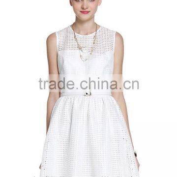 Gilrs Solid Color Plaid Hollow Out Lace Sleeveless Dress
