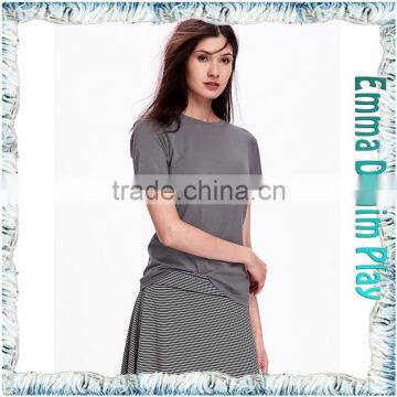 2016 New Simple Designs Plain Style Best Quality Ladies Round Neck Grey Soft Cotton T-Shirt