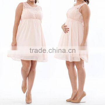 hot sale lace shoulder design sleeveless light pink chiffon dress for pregnant woman