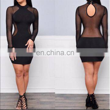 Europe And America Long Sleeve Grenadine Sexy Perspectivity Package Hip One-Piece Dress