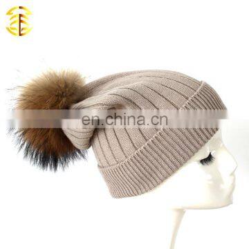 Factory Direct Supply Knitted Wool Fur Pom Pom Winter Hat For Woman