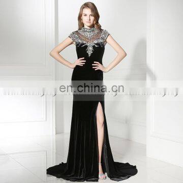 2017 Latest Design High Neckline Side Split Cap Sleeve Heavy Beaded Black Velvet Evening Dresses LX405