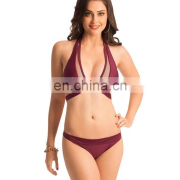 Wine V-neck Mesh Halter Bikini