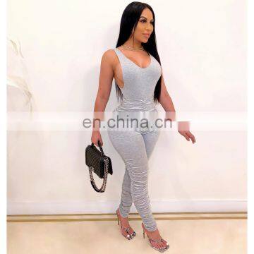2020 New Arrivals Women Solid Color Jumpsuit Ladies Backless V-Neck Sleeveless Bodysuit Women Pleated Jumpsuit photo-5