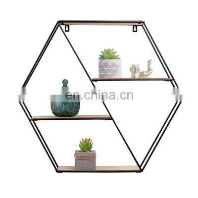 MDF wood iron four layer hexagon storage wall hanging utensil rack shelf