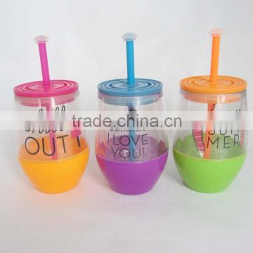 New Design 2015 Double Wall Plastic Mug With Colorful Straw and PVC/Paper Insert