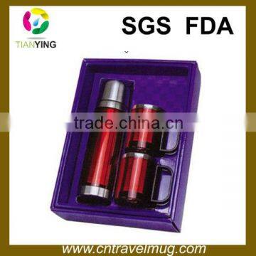 promotional stainless steel vacuum flask gift set with two coffee mugs
