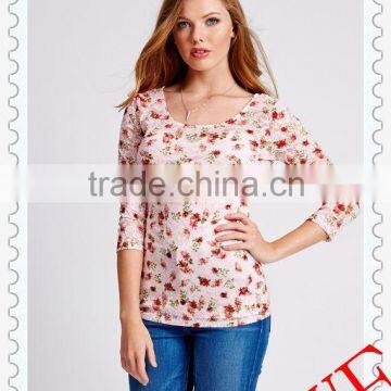 2014 HOT SALE European Style Design Digit Print Flower Women Three Quarter Sleeve cotton backless tops