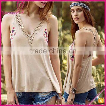 Embroidery Hollow Out Cotton Sexy V Neck Ladies Fancy Sleeveless Tops Photos