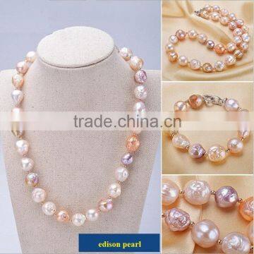 11-12mm Baroque Wrinkled Edison Pearl Necklace with 18K gold spacer beads and 925 Sterling silver Clasp