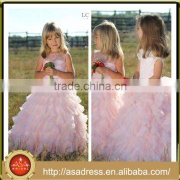 LBFG19 High Qulity Sleeveless Light Pink Flower Girl Dress with Hand Made Tiered Ruffle Dresses for Girls of 7 Years Old