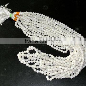 White Agate Notted Jap Mala : Wholesale Jap Mala : Handmade Agate Cotton Notted 108 Beads Mala