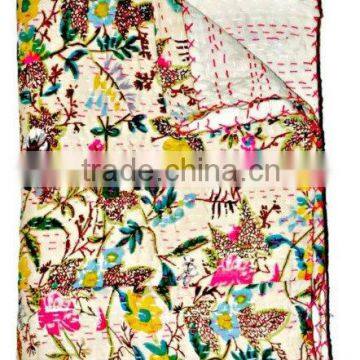 Indian Kantha Quilt Floral tropicana Blanket Bedspread Throw Bedding Cotton coverlet