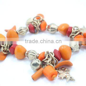 Chunky Fall Orange Different Shape Beads Stretch Bracelet Gold Plated CCB Angle Bell Charm Beaded Bracelet