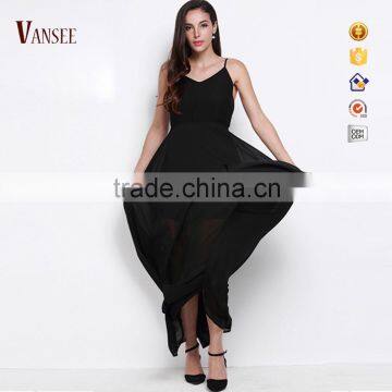 Plain black loose style backless sleeveless braces skirt evening dress