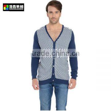 Men Latticed Cashmere Sweater, Men V Neck Blue latticed Cashmere Sweater