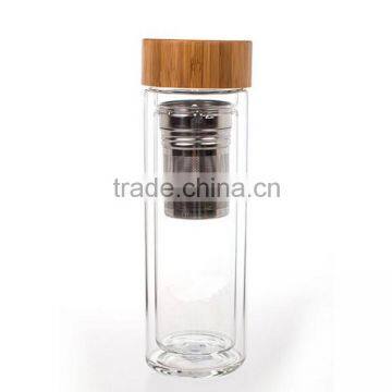 2016 new high boronsilicon double layer bamboo cover glass water bottle gifts cup with tea funnel thick heat insulation bottle