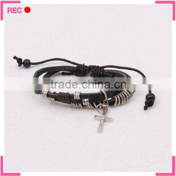 Popular teen bracelet with cross pendant, customized pu leather bracelet