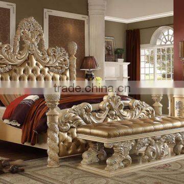 Bisini Italian Royal Hand Carved Wooden Bedroom King Size Bed With Leather Headboard/European Solid Wood Furniture(MOQ=1 SET) photo-2