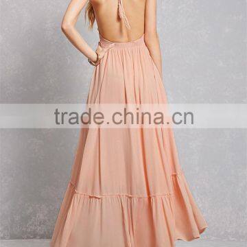 Factory Price Adjustable Tasseled Self-tie Halter Neckline Front V-cut Open Back Flowy Crepe Woven Halter Maxi Dress photo-6