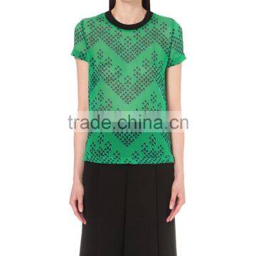 Wholesale Women Green Short Sleeves Round Neck Sheer Silk Top(DQE0092T) photo-2