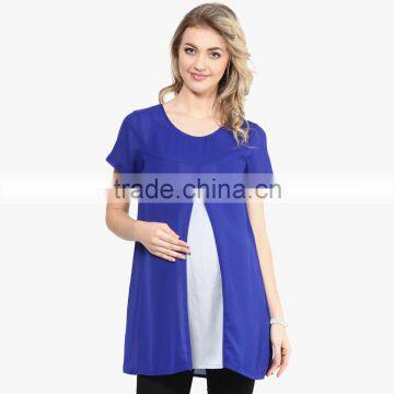 Blue Short Sleeve Tops Maternity Dresses for Office Lady photo-1