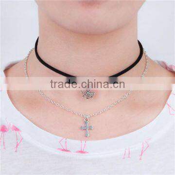 Velvet Suede Double Layer Halloween Choker Necklace Tone & Antique Silver Black Cobweb Cross 33.5cm long