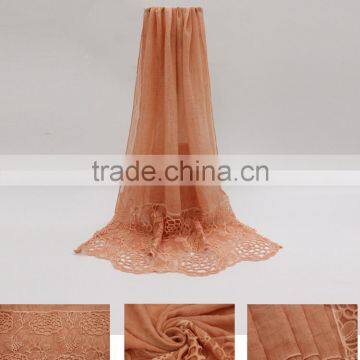 New Fashion Concise Style Plain Dyed Linon Viscose Thin Flower Lace Trim Ribbon Hijab Scarf photo-3