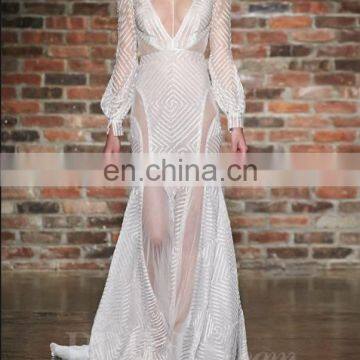 2017 New In White Stripe Square V Neck Cut Out Sexy Floor Length Long Sleeve Maxi Dress
