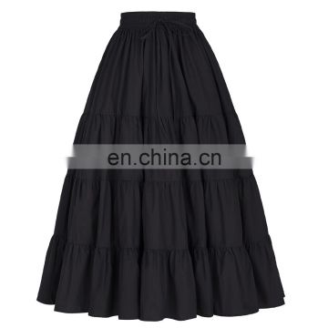 Belle Poque Women's Solid Black Color Wide Hem Cotton Maxi Skirt Long Skirt BP000207-1