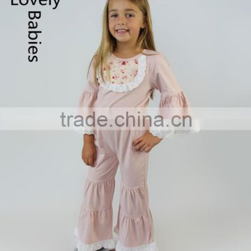 Latest children boutique clothing lace trim ruffle jumpsuit 2016