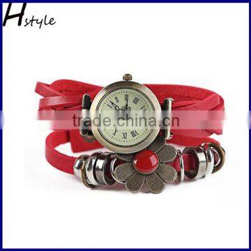 Studen Flower Sense Retro Wrap Around Weave Leather Quartz Bracelet Wrist Watch Red WP007