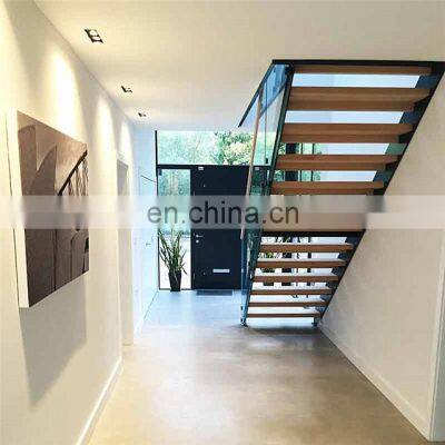 Solid Wood Tread Tube Stringer Straight Staircase Open Riser Stairs and Railing With LED Lights