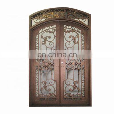 factory direct cost luxury villa safety glass main entrance unique scrolls design anti theft wrought iron front double door