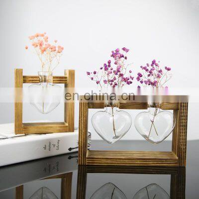 Creative Hydroponic Container Heart Shape Glass Transparent Vase With Wooden Base For Home Decor